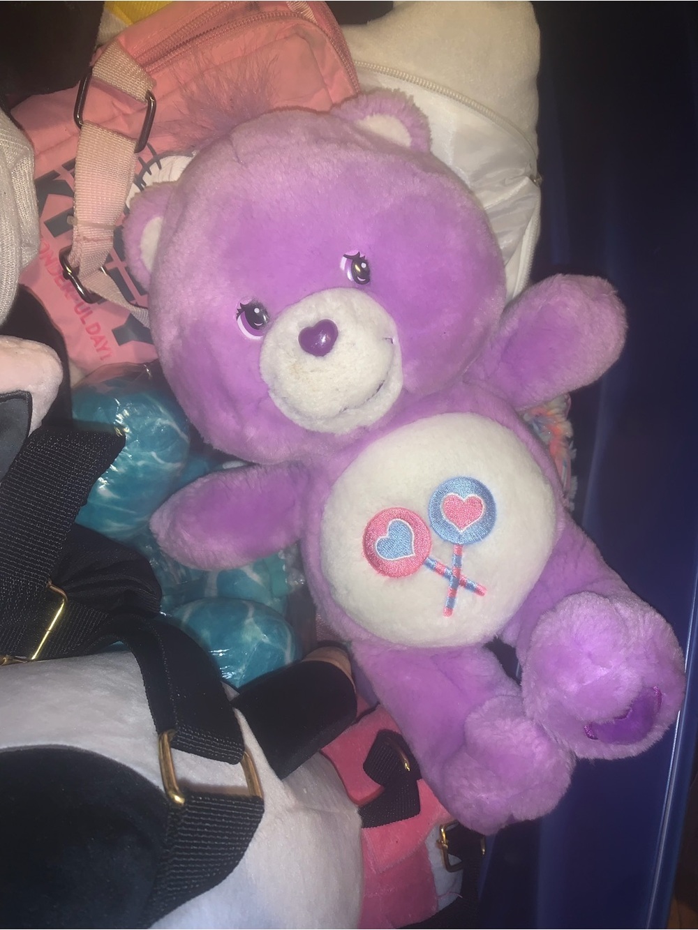 Care bears Purple Plush Bear Toy with Heart Lollipop Belly Badge - Kids Toys